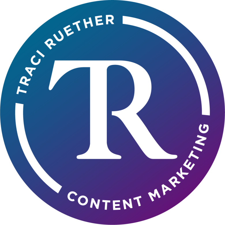 A logo with a TR monogram and text around saying 'Traci Ruether Content Marketing'